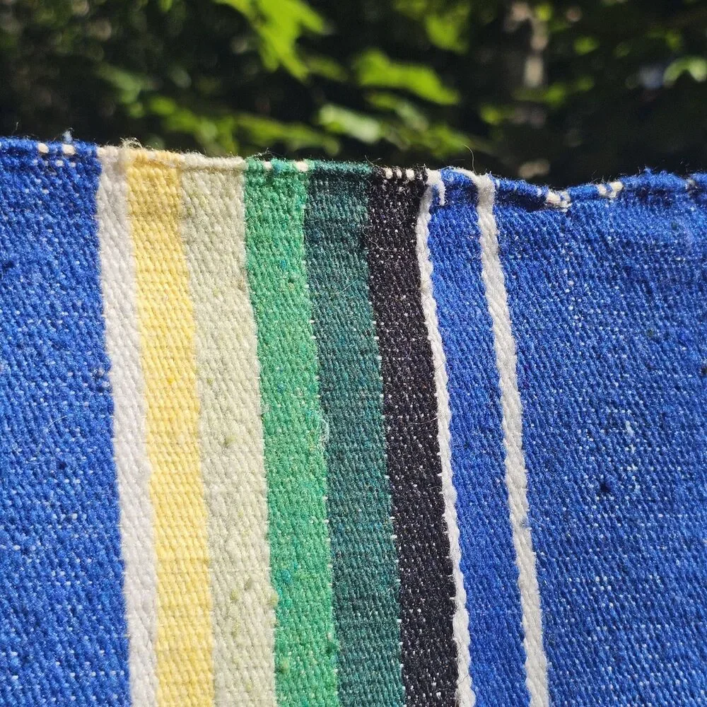 Vintage Handmade Mexican Serape Wool Blanket – Blue Multicolor Stripes, 45x80
